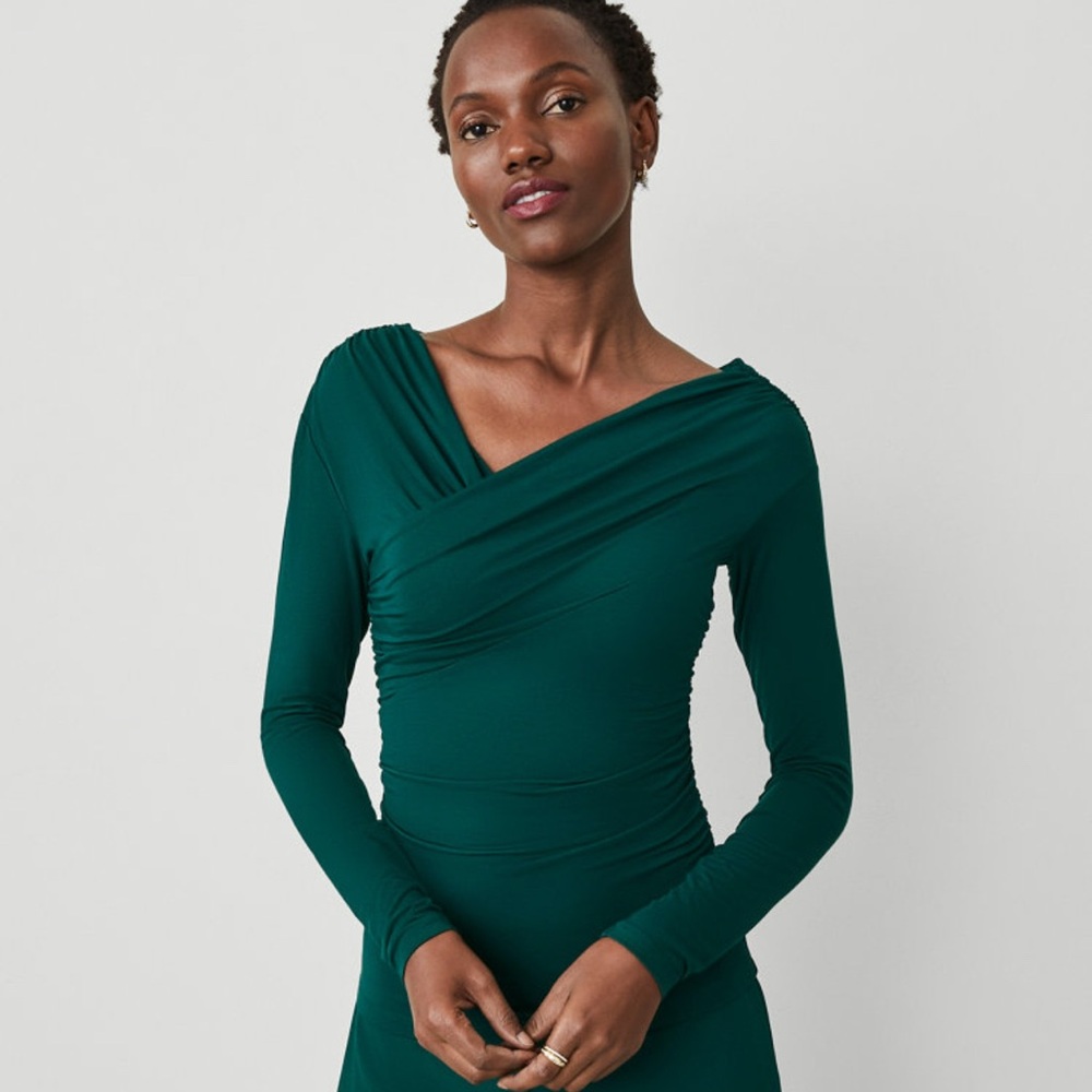 Ann Taylor Elegant Asymmetrical Ruched Green Long Sleeve Shirt